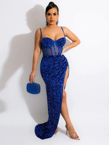 Affordable Velvet Sequin Royal Blue Sheath Spaghetti Straps Sweep Train Long Evening Dress UK