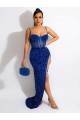 Affordable Velvet Sequin Royal Blue Sheath Spaghetti Straps Sweep Train Long Evening Dress UK