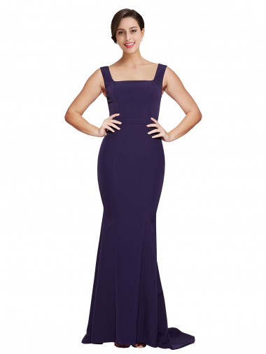 Affordable Stretch Crepe Dark Navy Sheath Square Neck Sweep Train Semi Formal Evening Dress UK