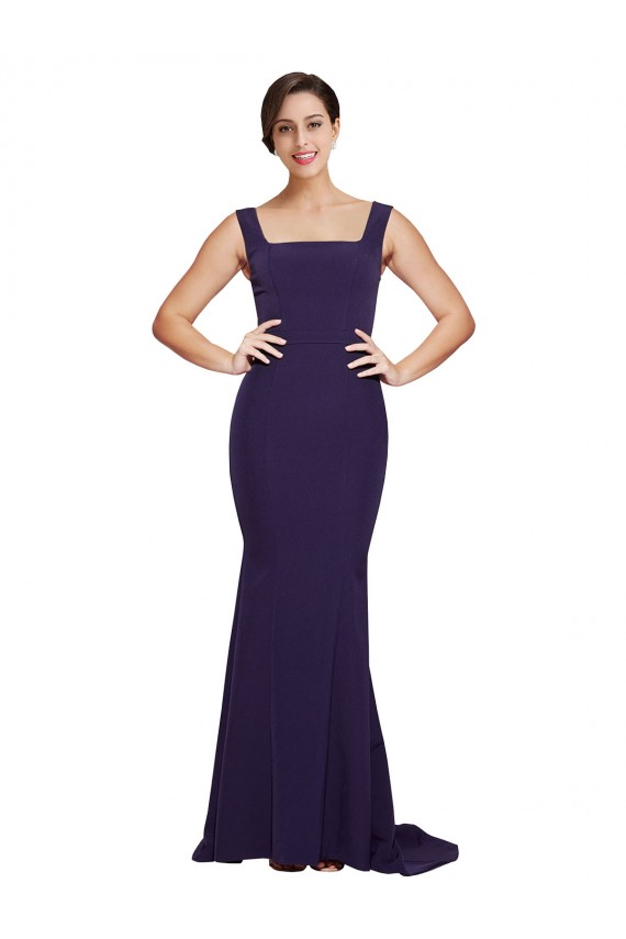 Affordable Stretch Crepe Dark Navy Sheath Square Neck Sweep Train Semi Formal Evening Dress UK