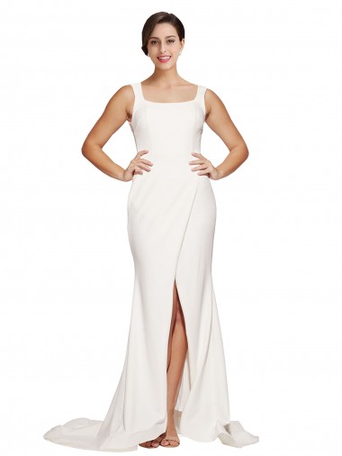 Affordable Stretch Crepe Ivory Sheath Square Neck Sweep Train Semi Formal Evening Dress UK