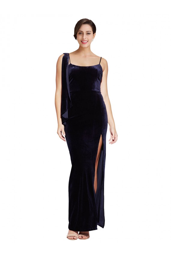 Affordable Stretch Velvet Dark Navy Sheath Spaghetti Straps Long Evening Dress UK