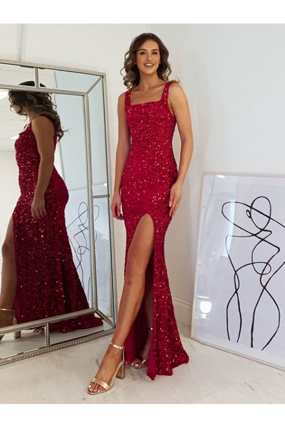 Affordable Velvet Sequin Burgundy Sheath Square Neck Long Evening Dress UK