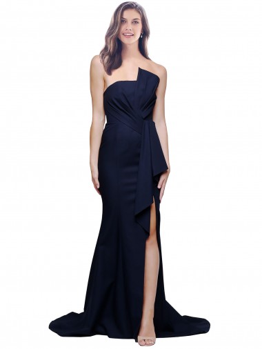 Affordable Stretch Crepe Dark Navy Sheath Strapless Sweep Train Formal Evening Dress UK