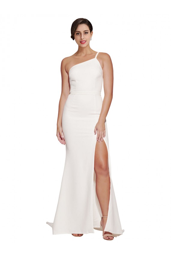 Affordable Stretch Crepe Ivory Sheath One Shoulder Sweep Train Semi Formal Bridal Party Dress UK