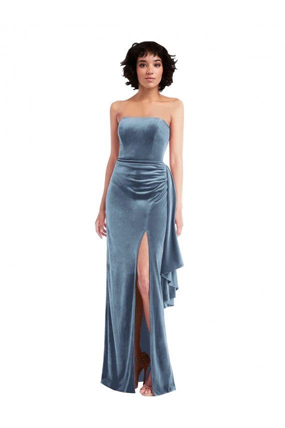 Affordable Stretch Velvet Dusty Blue Sheath Strapless Long Maxi Wedding Party Dress UK