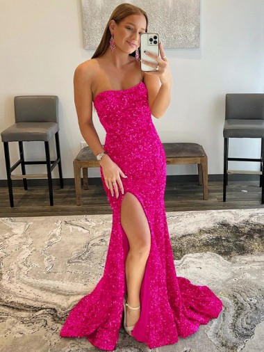 Affordable Velvet Sequin Fuchsia Sheath Strapless Sweep Train High Slit Evening Dress UK