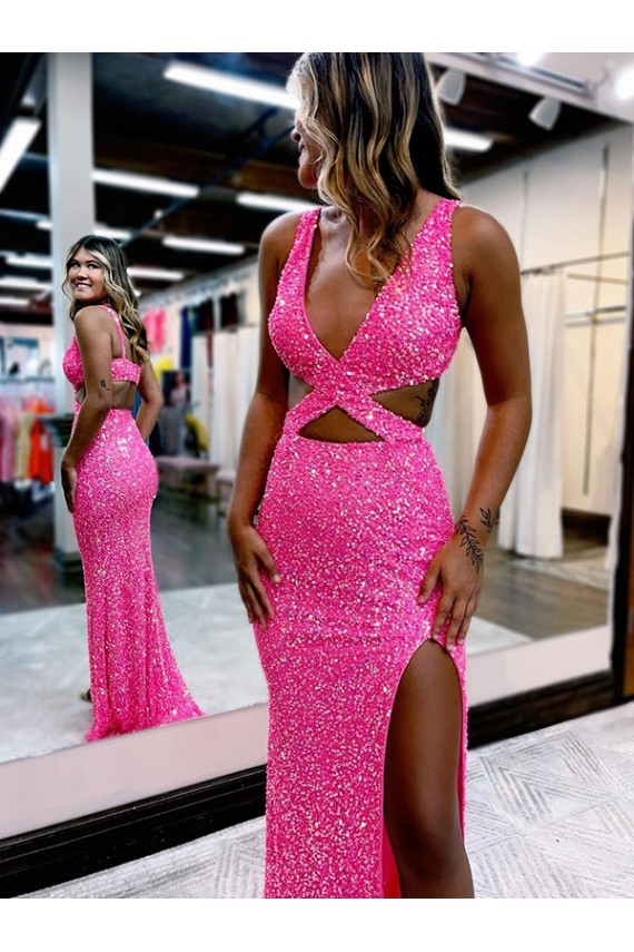Affordable Velvet Sequin Sheath V-Neck Long Sweep Train Evening Party Dress UK