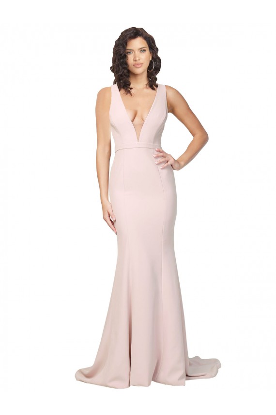 Affordable Stretch Crepe Pink Sheath V-Neck Sweep Train Sexy Evening Dress UK
