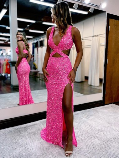 Affordable Velvet Sequin Sheath V-Neck Long Sweep Train Evening Party Dress UK