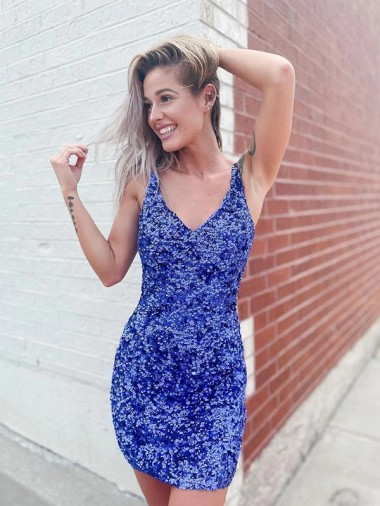 Affordable Velvet Sequin Sheath V-Neck Short Evening Dress UK