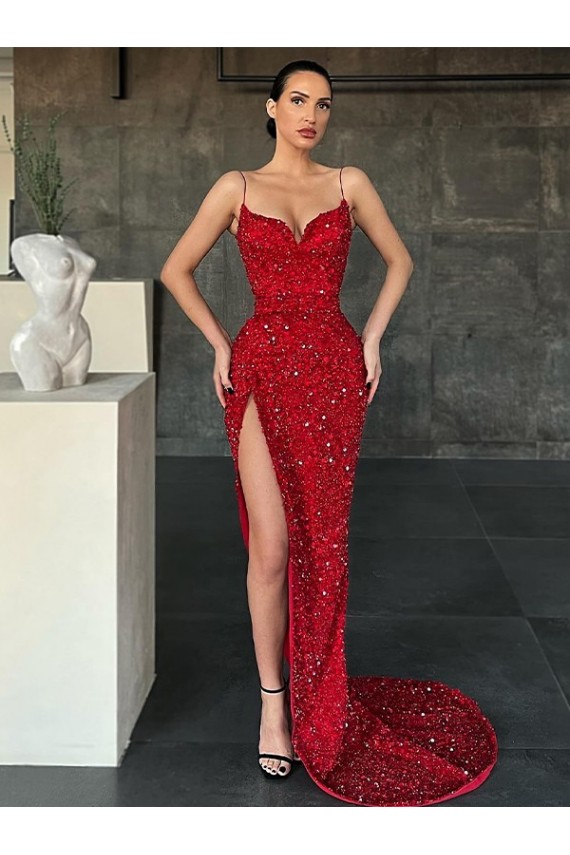Affordable Velvet Sequin Red Sheath V-Neck Sweep Train Evening Dress UK