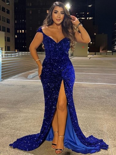 Affordable Velvet Sequin Royal Blue Sheath V-Neck Sweep Train Evening Dresses UK