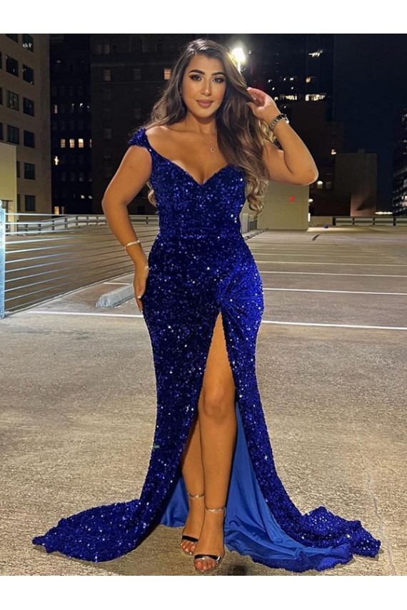 Affordable Velvet Sequin Royal Blue Sheath V-Neck Sweep Train Evening Dresses UK