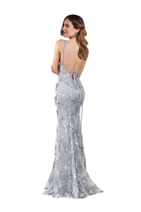 Affordable Stretch Crepe & Sequin Tulle Silver Mermaid V-Neck Long Evening Dress UK