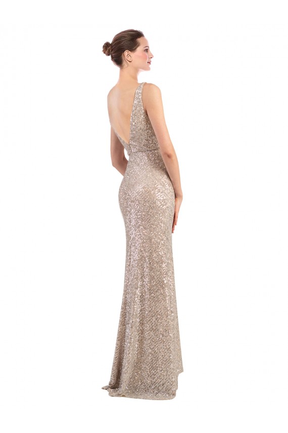 Affordable Sparkling Sequin Silver Sheath V-Neck Long Evening Dress UK