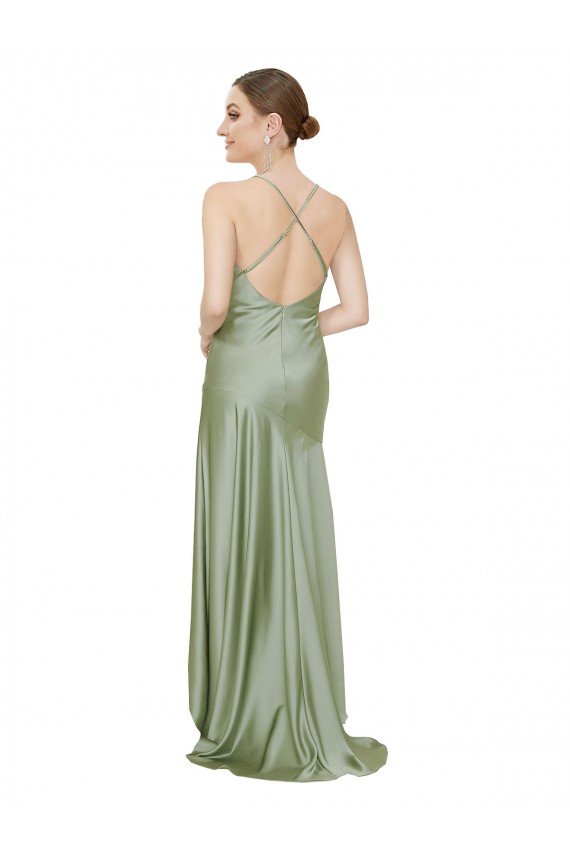 Affordable Silky Satin Smoke Green A-Line Cowl Neck Long Evening Dress UK