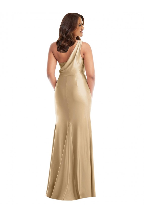 Affordable Silky Satin Soft Gold Mermaid One Shoulder Long Plus Size Evening Dress UK