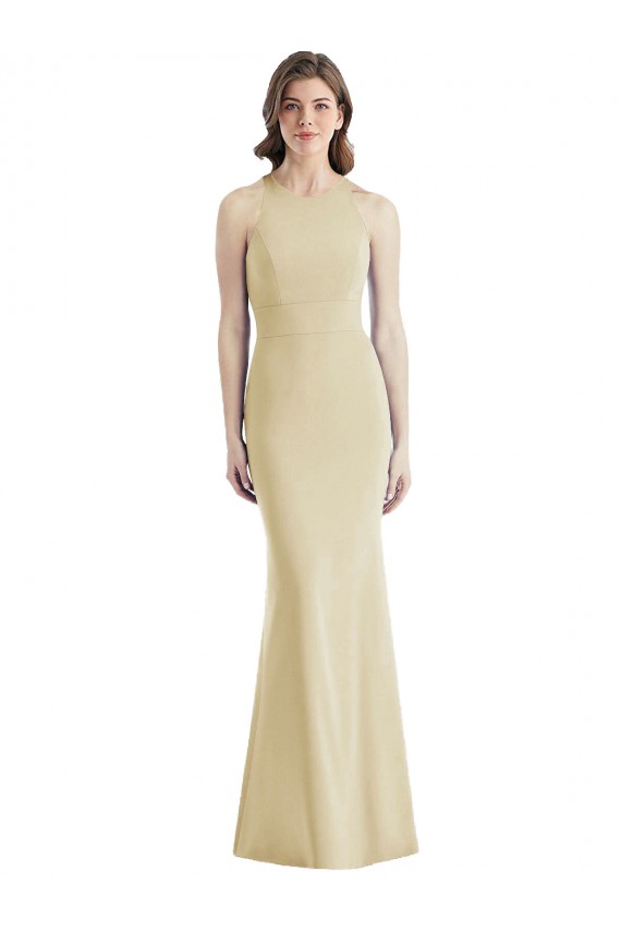 Affordable Stretch Crepe Champagne Trumpet Bateau Neck Long Semi Formal Evening Dress UK