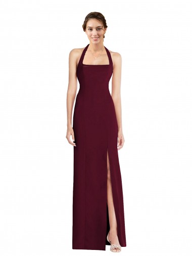 Affordable Stretch Crepe Burgundy Gold Trumpet Halter Neck Long Semi Formal Evening Dress UK