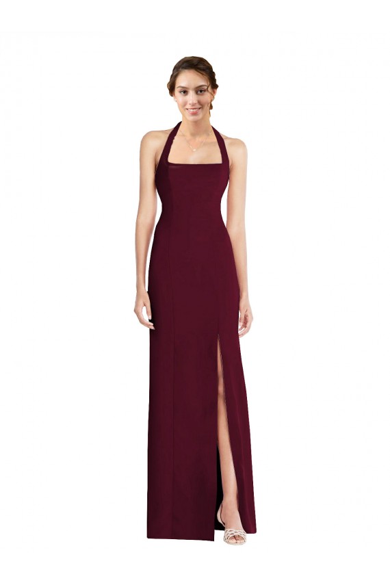 Affordable Stretch Crepe Burgundy Gold Trumpet Halter Neck Long Semi Formal Evening Dress UK