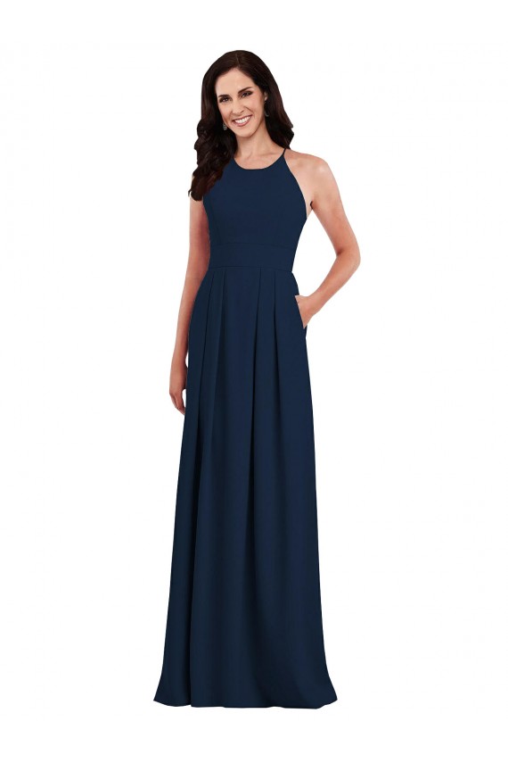 Affordable Stretch Crepe Dark Navy Trumpet Halter Neck Long Semi Formal Evening Dress UK