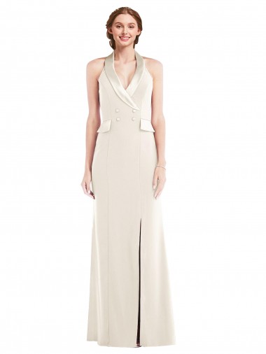 Affordable Stretch Crepe Ivory Trumpet Halter Neck Long Semi Formal Evening Dress UK