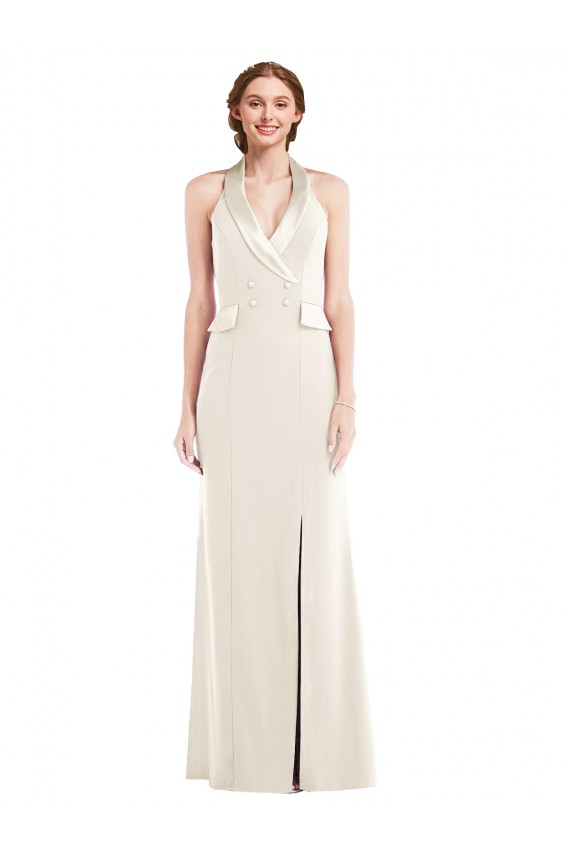 Affordable Stretch Crepe Ivory Trumpet Halter Neck Long Semi Formal Evening Dress UK