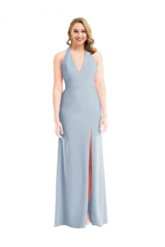 Affordable Stretch Crepe Light Sky Blue Trumpet Halter Neck Long Semi Formal Evening Dress UK