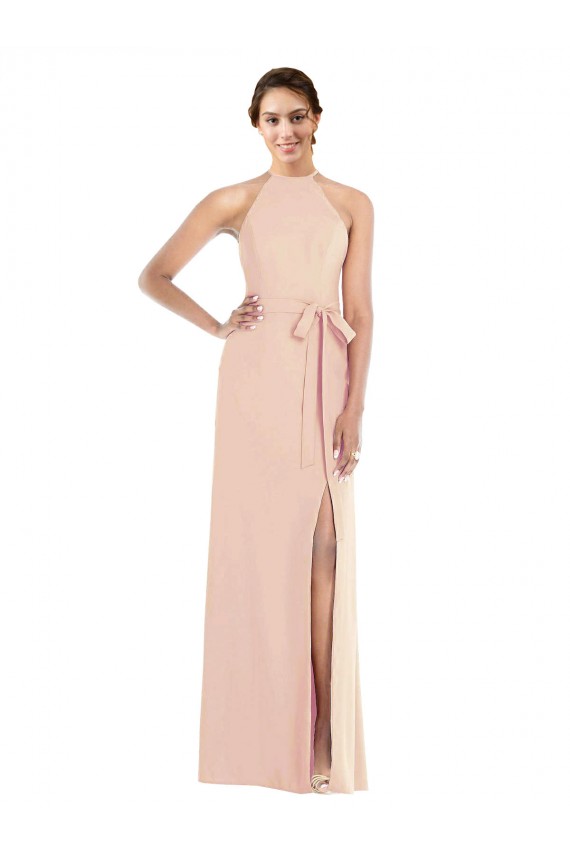 Affordable Stretch Crepe Nude Trumpet Halter Neck Long Maxi Evening Dress UK