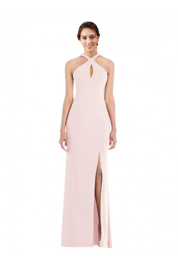 Affordable Stretch Crepe Pink Trumpet Halter Neck Long Evening Dress UK