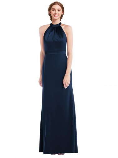 Affordable Stretch Crepe Dark Navy Trumpet High Neck Long Semi Formal Evening Dress UK