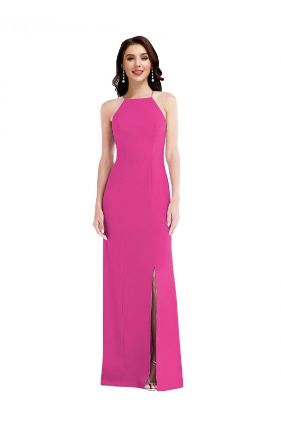 Affordable Stretch Crepe Fuchsia Trumpet Halter Neck Long Maxi Evening Dress UK