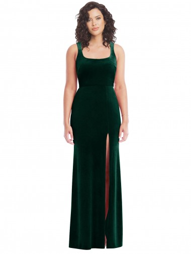Affordable Stretch Velvet Dark Green Trumpet Square Neck Long Maxi Evening Dress UK