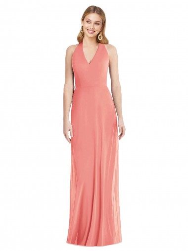 Affordable Soft Chiffon Desert Rose Trumpet Halter Neck Long Maxi Evening Dress UK