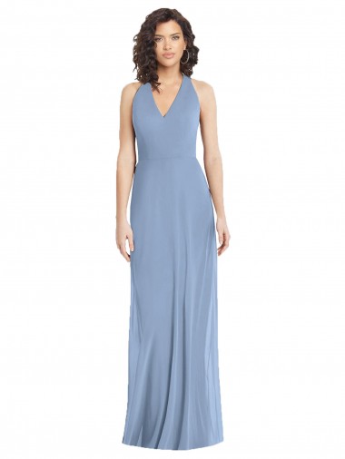 Affordable Luxe Chiffon Dusty Blue Trumpet Halter Neck Long Evening Dress UK