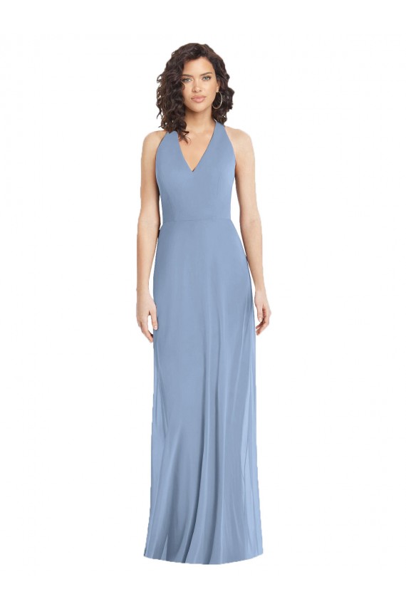 Affordable Luxe Chiffon Dusty Blue Trumpet Halter Neck Long Evening Dress UK