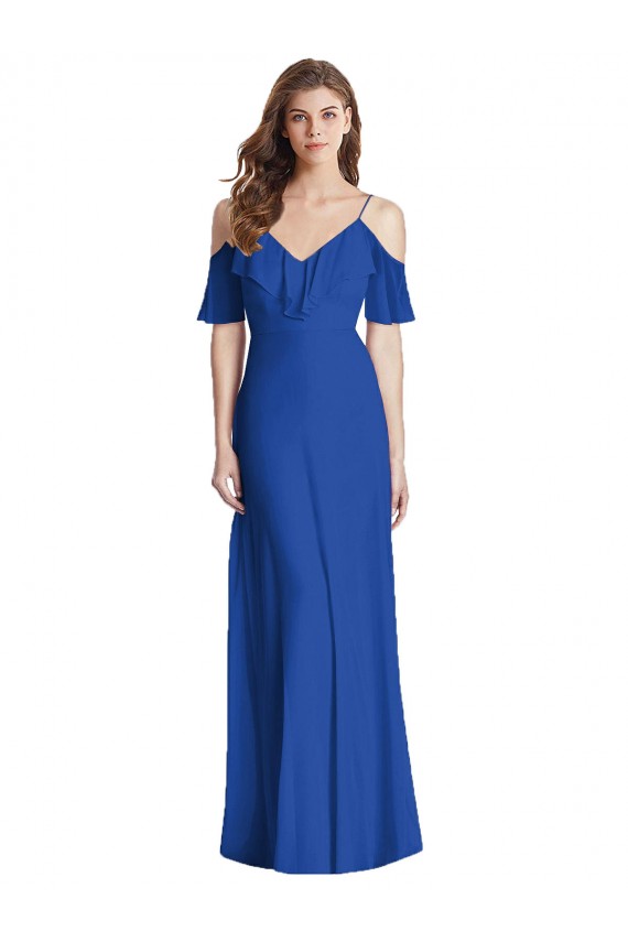 Affordable Soft Chiffon Royal Blue Trumpet Spaghetti Straps Long Maxi Evening Dress UK