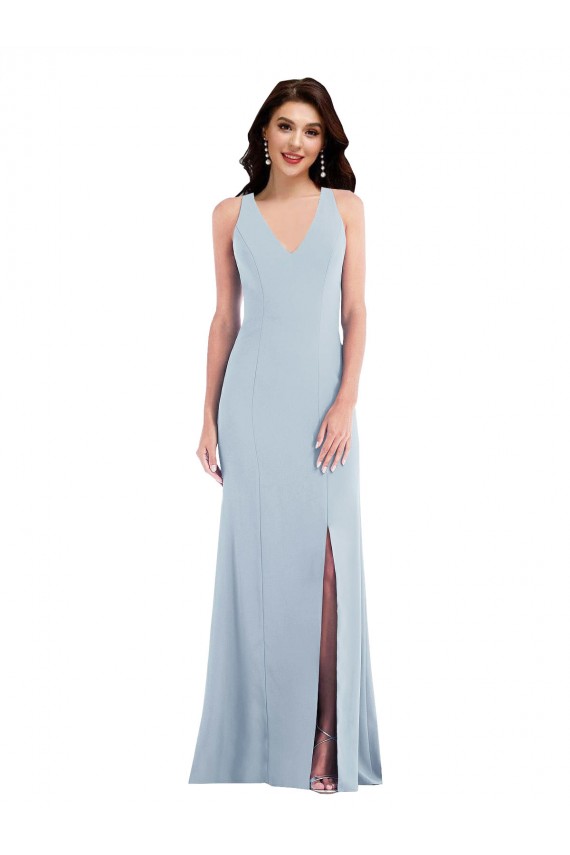 Affordable Stretch Crepe Light Sky Blue Trumpet V-Neck Long Maxi Wedding Party Dress UK