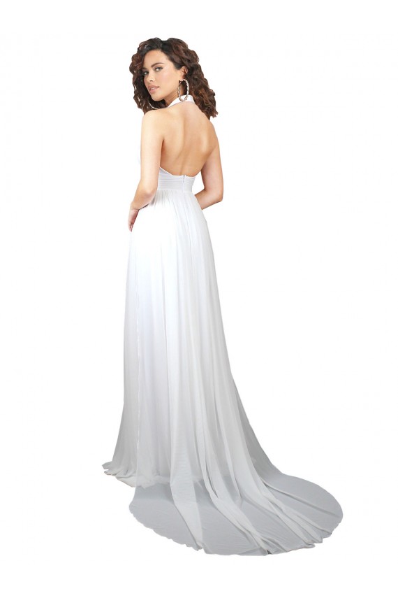 Affordable Soft Chiffon White A-Line V-Neck Sweep Train Semi Formal Evening Dress UK